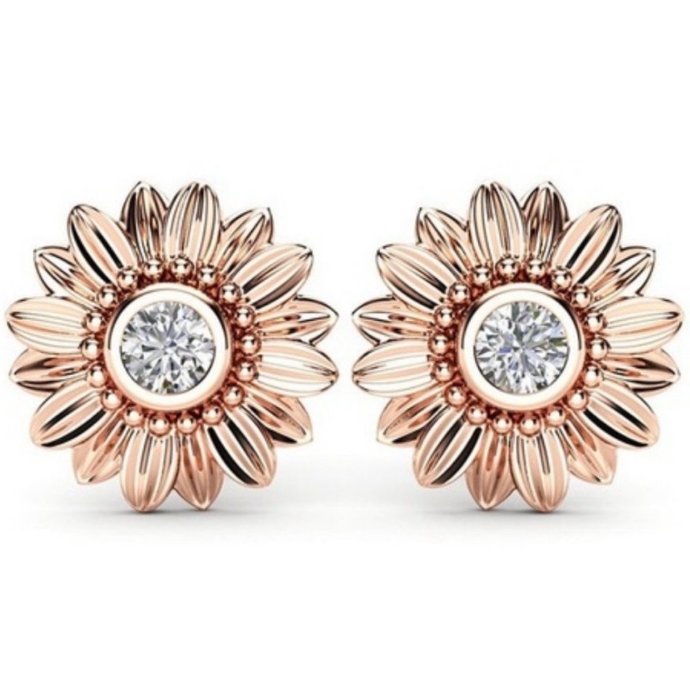 NEW 18K Rose Gold Diamond Sunflower Stud Earrings